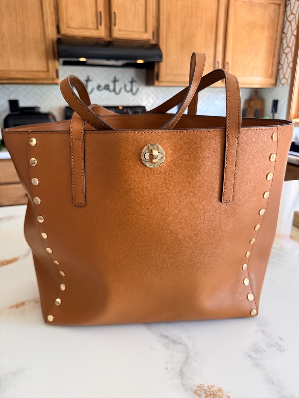 Michael Kors Rivington Gold Studded Cognac Leather Tote - Picture 2 of 14
